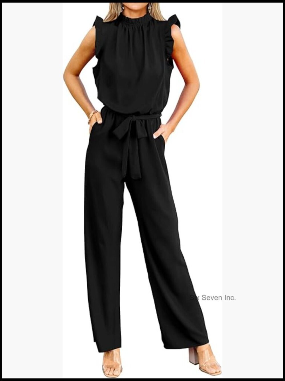 Sleeveless Ruffle Mock Neck Wide Leg Jumpsuit with Belt and Pockets